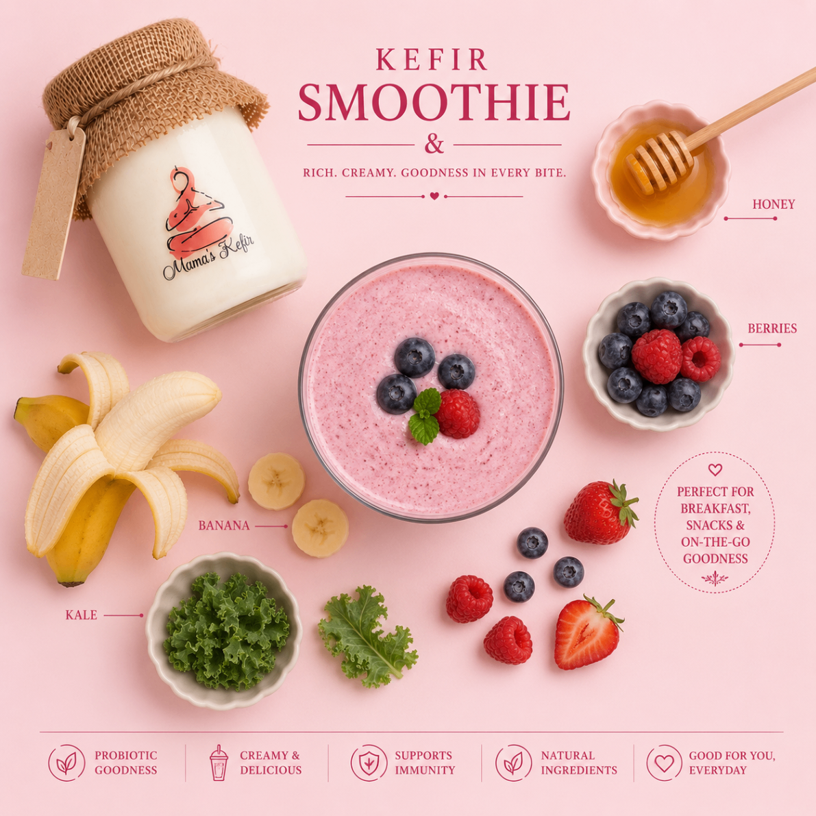 Kefir smoothie in a glass bowl with banana, berries, kale and honey laid out around a Mama's Kefir jar