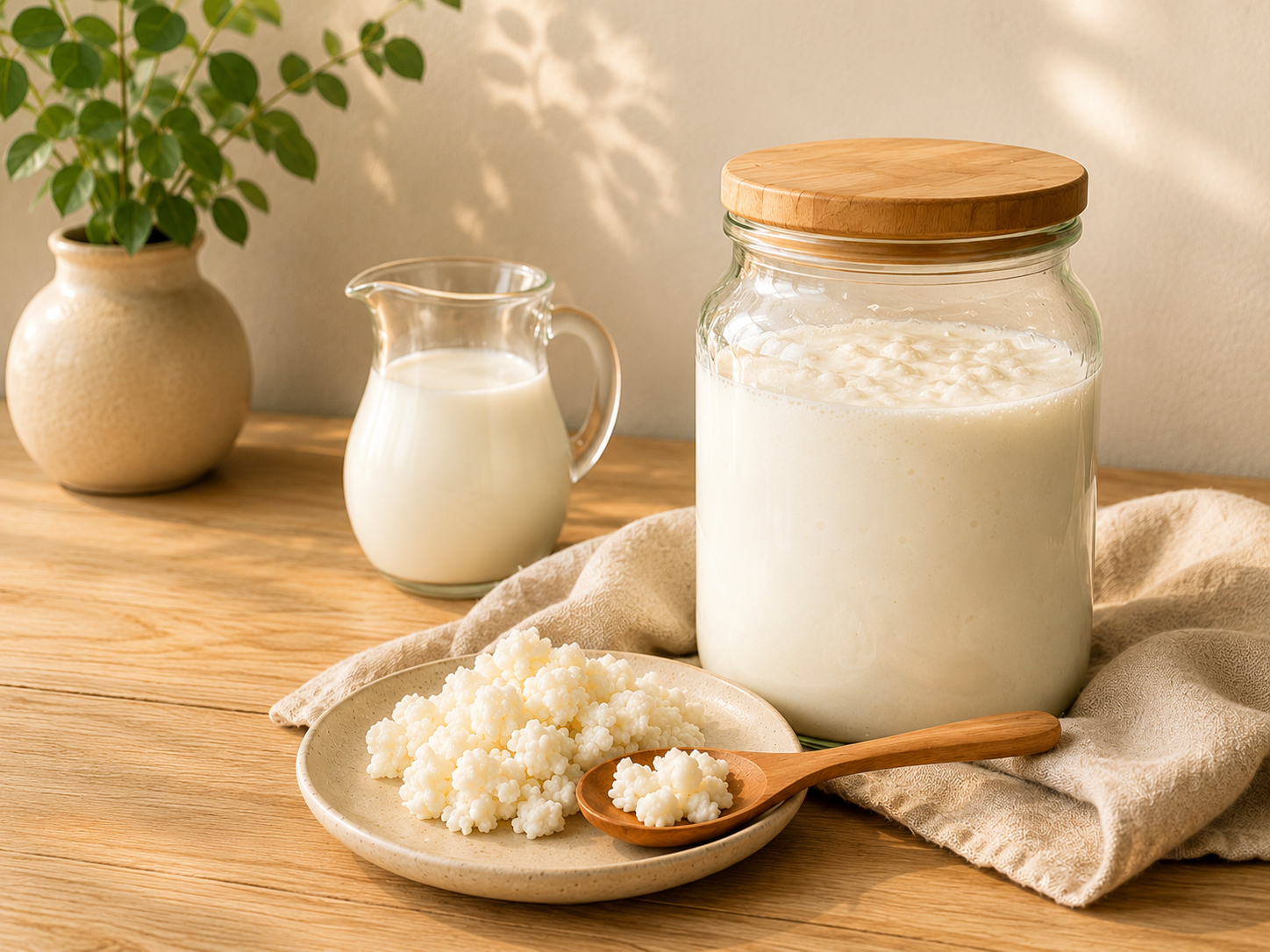 Jar of fresh kefir beside live kefir grains and a jug of milk in warm daylight