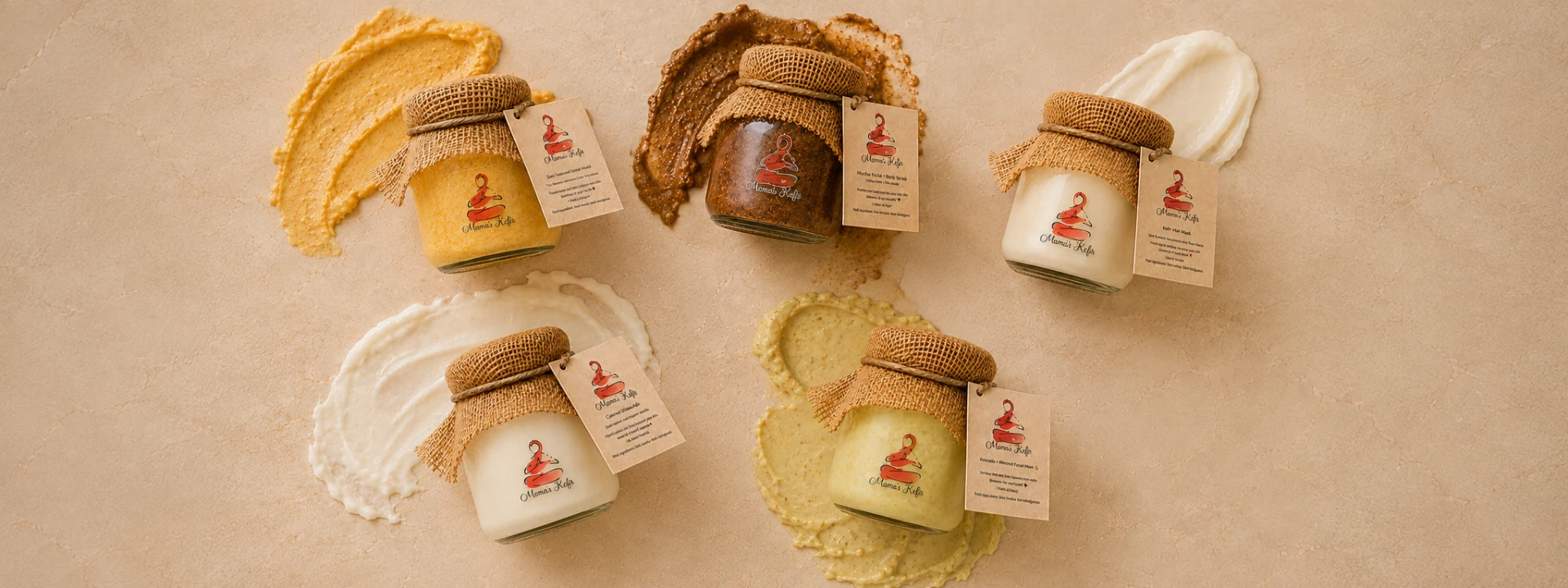 The full Mama's Kefir range of five jars with swirls of each fresh product