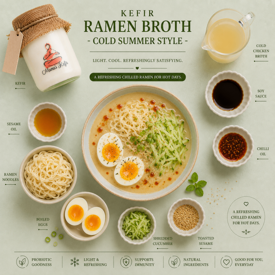 Chilled kefir ramen broth with noodles, boiled eggs, cucumber and chilli oil beside a Mama's Kefir jar