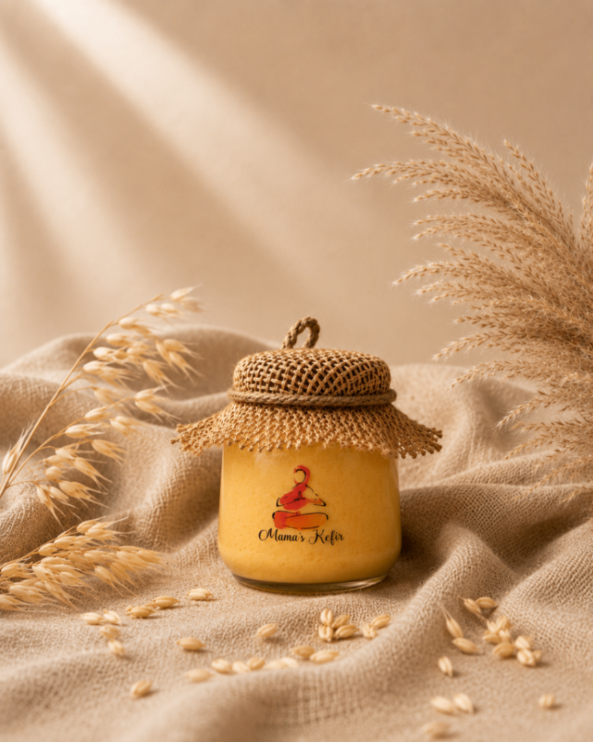 Mama's Kefir raw oatmeal face mask jar in golden hue on warm linen with dried oat stems