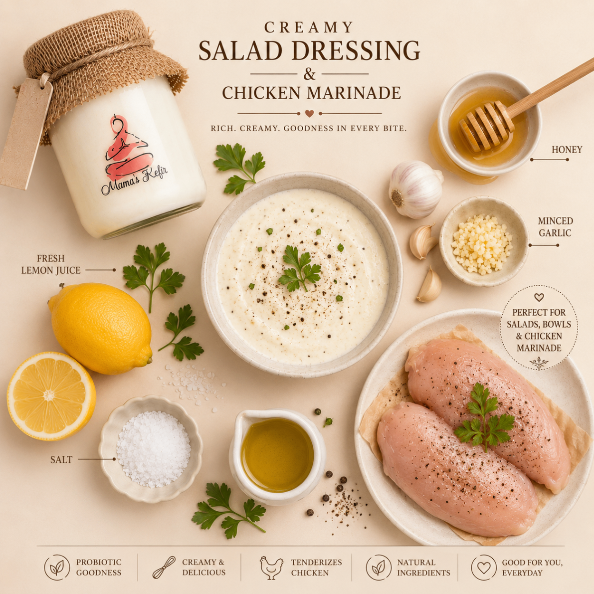 Creamy kefir salad dressing in a bowl with honey, garlic, lemon, olive oil and raw chicken breasts