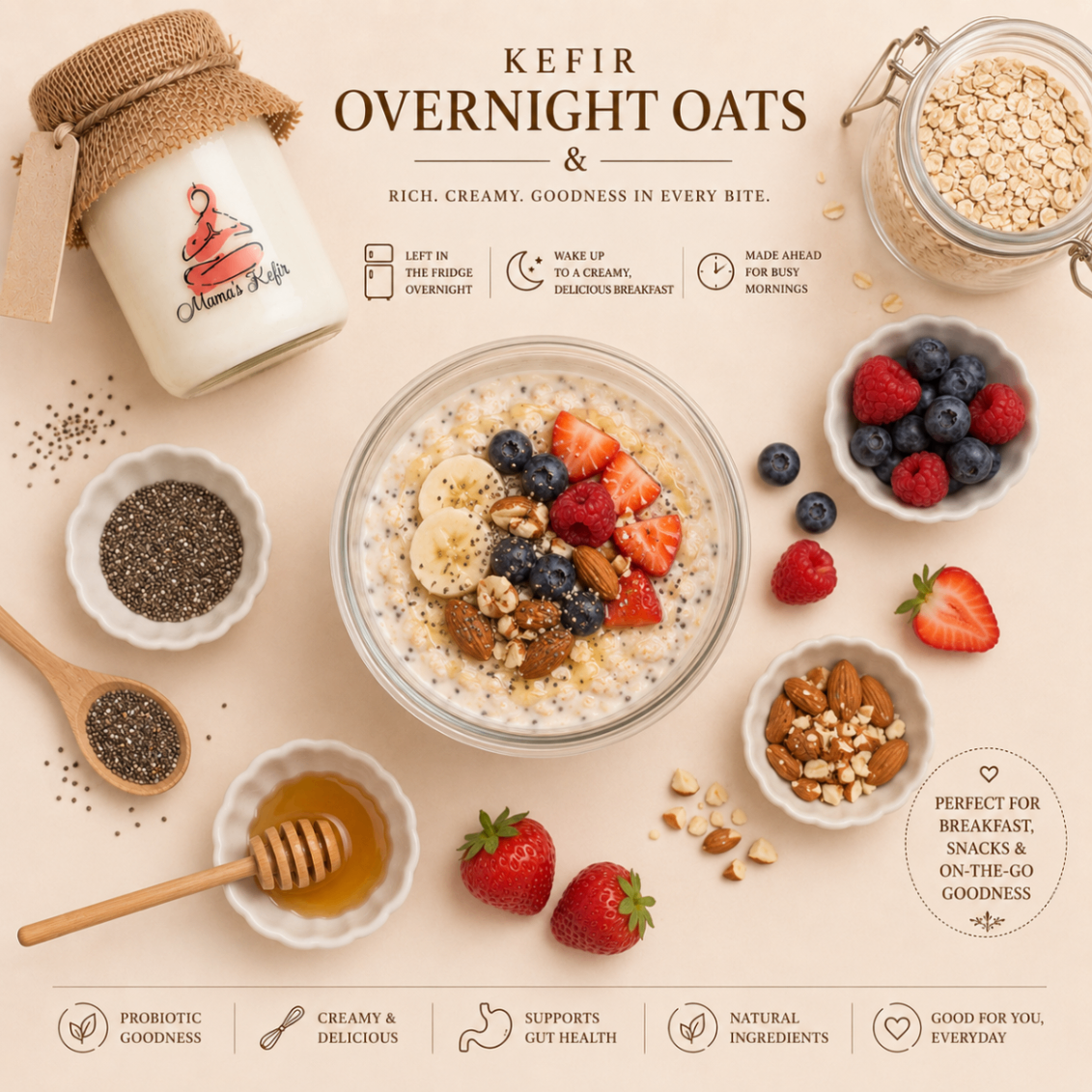 Kefir overnight oats topped with berries, banana and almonds beside oats, chia seeds and honey