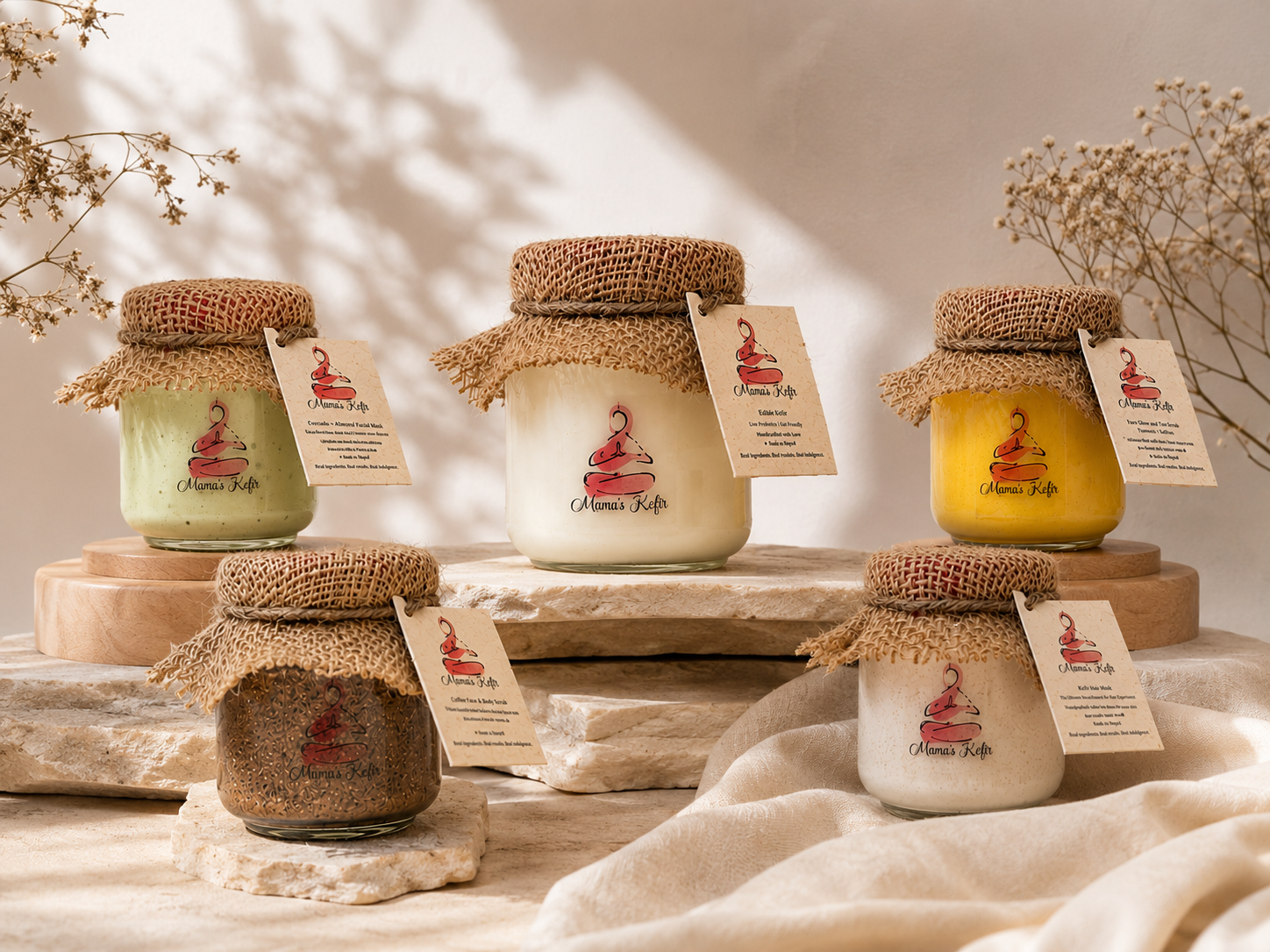 Mama's Kefir jars with kraft labels arranged on wooden risers in soft daylight