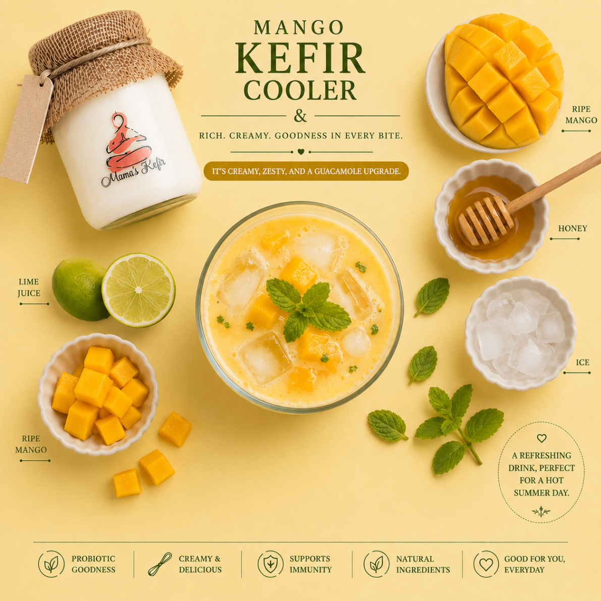 Mango kefir cooler in a glass with mango cubes, lime, honey, ice and mint on a yellow surface