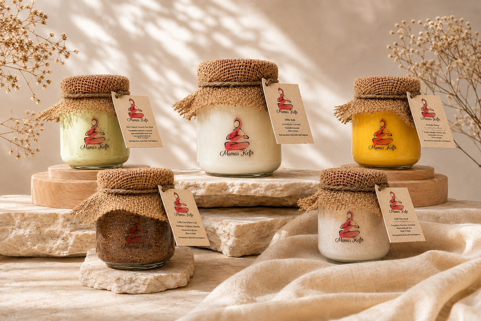 The complete Mama's Kefir range of five handcrafted jars styled on stone and wood