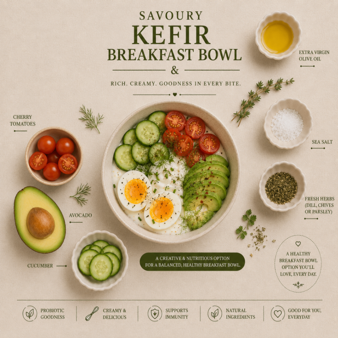 Savoury kefir breakfast bowl with boiled eggs, cucumber, cherry tomatoes, avocado and fresh herbs
