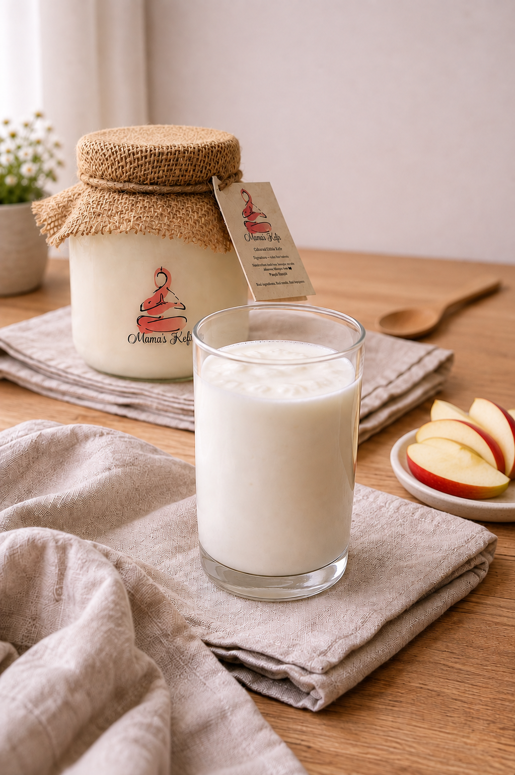 Glass of freshly poured Mama's Kefir beside a handcrafted jar on linen
