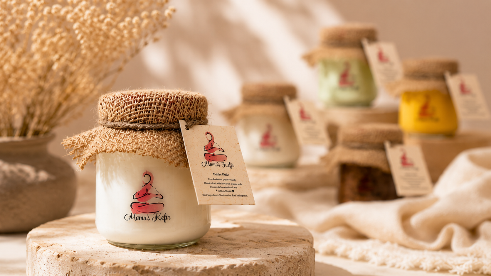 Edible Kefir jar in focus with the rest of the Mama's Kefir range behind