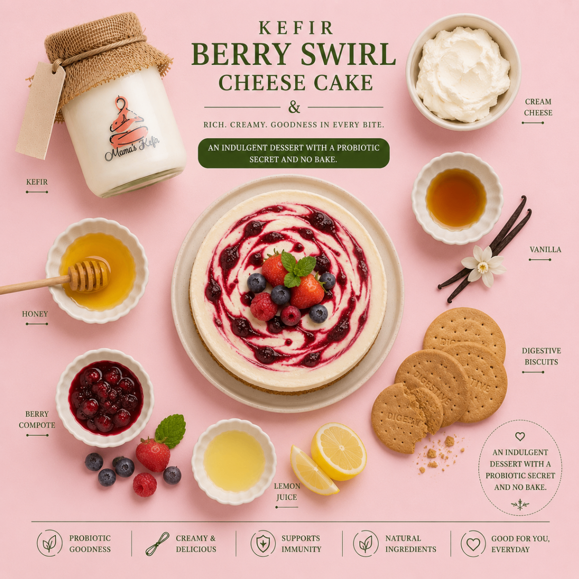No-bake kefir berry swirl cheesecake topped with fresh berries, with honey, biscuits and compote around it