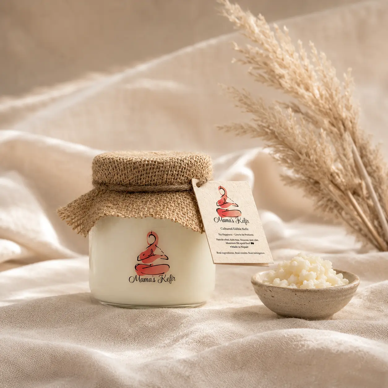 Mama's Kefir edible kefir jar with hessian lid and kraft tag, styled on soft linen with dried blooms