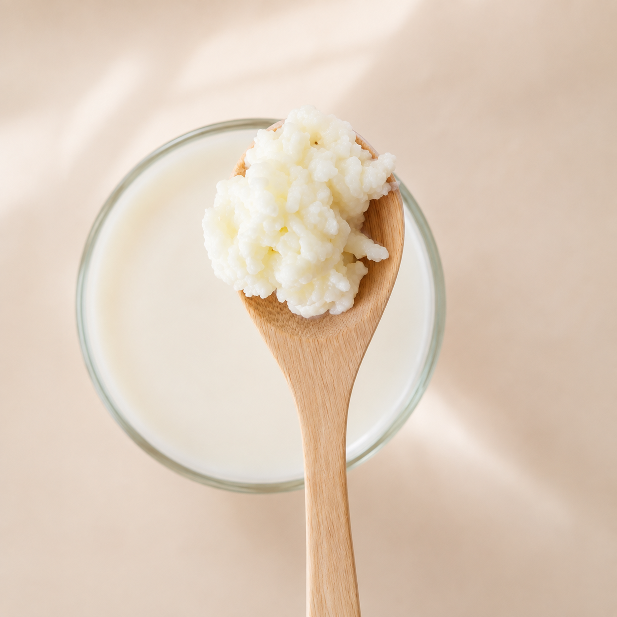 Wooden spoon of live kefir grains over milk