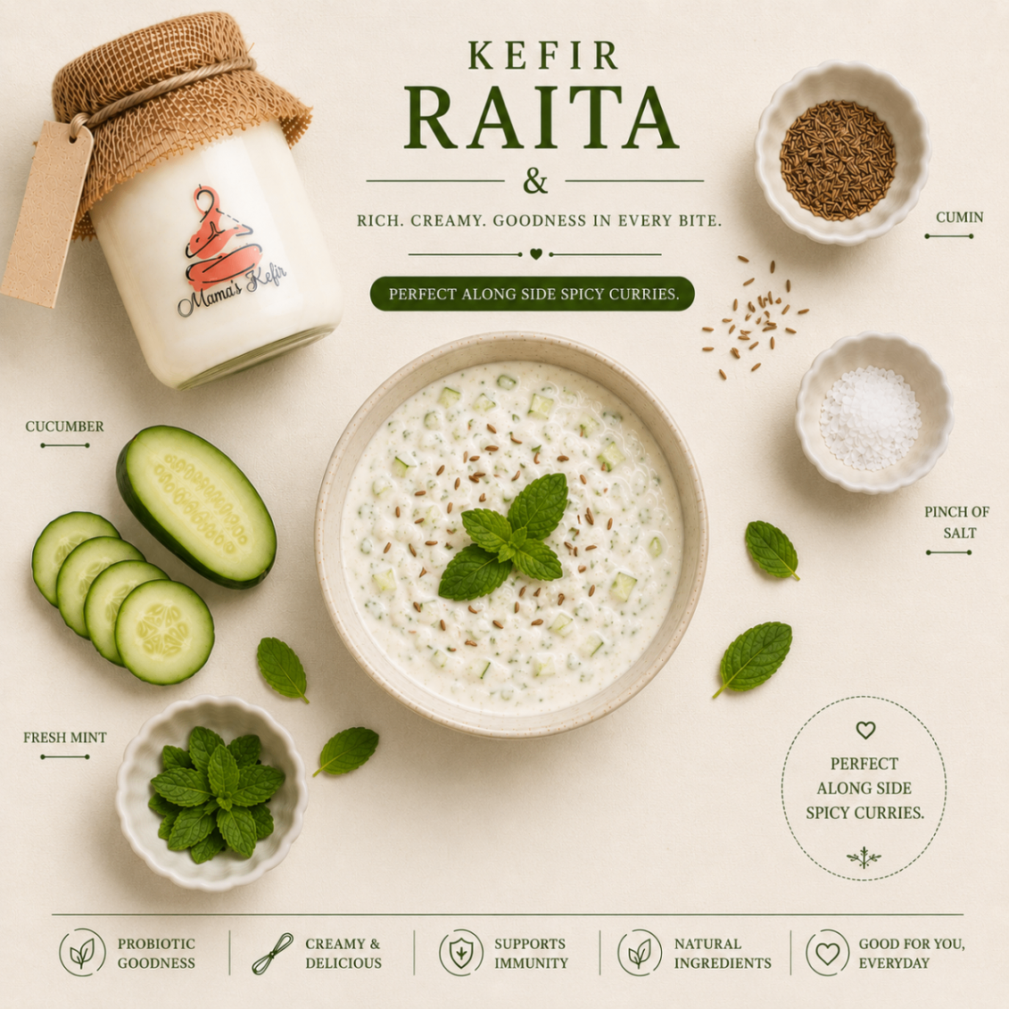 Kefir raita in a bowl with cucumber, cumin and mint arranged around a Mama's Kefir jar