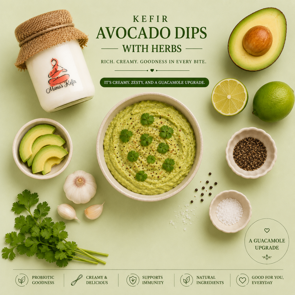 Kefir avocado dip with herbs in a bowl surrounded by avocado, lime, garlic and coriander